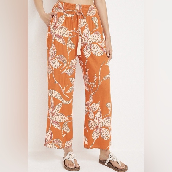 NWT Maurices Orange Floral Wide Leg Flowy Pants Sz Large Vacation Wear - Picture 1 of 8